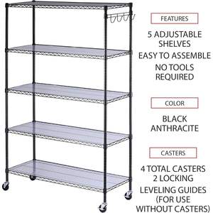 Kit d'étagères métalliques Alera à 5 niveaux, 48 po x 18 po x 72 po, noir anthracite, avec roulettes, revêtements d'étagères pour le rangement de la cuisine, en plastique - Product Image 4