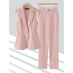 Khaki Women's Suit Vest Set Slim Fit Professional Two Piece Solid Color Worsted Fabric YSY8918 - Product Image 2