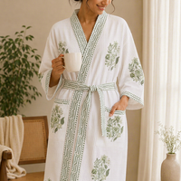 Robe Kimono en Coton Imprimée à la Main, Motif Floral Géométrique Vert, Style Jaipuri Bohème, Coupe Ample, Idéale pour Spa, Hôtel, Resort, Vente en Gros pour Adultes