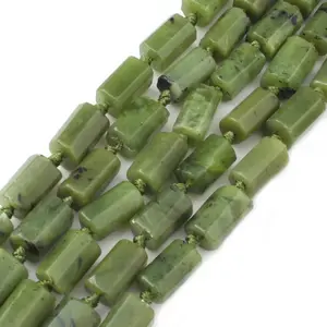 Natural 7.5Inch Cylinder Shape Faceted Green Canadian Jades Stone Loose Spacer Beads For Jewelry DIY Making