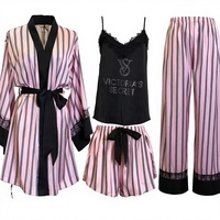 Pyjama long de luxe en soie glacée de polyester pour femme, motif rayé avec strass et dentelle assortie, collection automne, nouveauté tendance