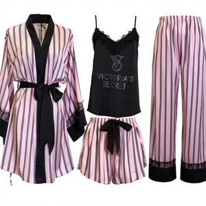 Pigiama Lungo di Lusso in Poliestere Effetto Seta per <span class=keywords><strong>Donna</strong></span>, con Strisce Decorative e Pizzo, Collezione Autunnale - Product Image 1