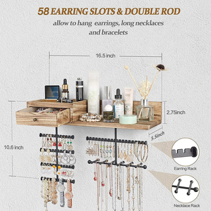 Organisateur de bijoux personnalisé à suspendre au mur avec tiroir en bois rustique et étagère de rangement grande capacité - Product Image 3
