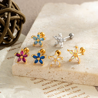 Anting Tragus Baja Tahan Karat Maina, Anting Bunga Warna-warni Zirkon, Perhiasan Tindik Tulang Rawan dan Lobe dengan Ulir Eksternal