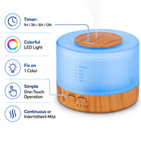 Diffuseur d'arômes en bois grainé sans BPA de 500 ml, humidificateur d'huiles essentielles, LED 7 couleurs, arrêt automatique, minuterie 1H/3H/6H, 28H intermittent