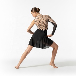 Traje de Danza Contemporánea para Mujer Adulta, Negro y Color Piel, con Diseño Geométrico de Pedrería, Manga Única de Malla, para Actuaciones en Escenario y Ballet - Product Image 2