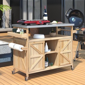 Solid wood hand-pushed food <b>cart</b>, outdoor movable multi-functional food <b>cart</b> with storage cabinet, suitable for home, garden, - Product Image 1