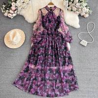 Collection Printemps-Été 2026 : Robe de plage personnalisée à manches bouffantes en spandex, longueur genou, taille élastique, coupe trapèze, motif dessiné à la main