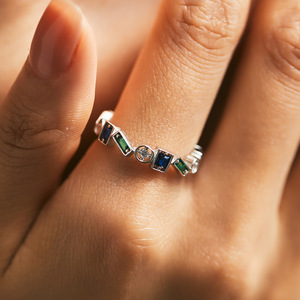 <b>925</b> <b>Silver</b> Eternity Band <b>Ring</b> Geometric Design Bezel Set Diamonds and Colorful Stones Unisex Minimalist Everyday Wear - Product Image 4