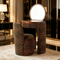 Ensemble de coiffeuse rond moderne en tissu léopard avec miroir et tabouret en chêne massif pour chambre et salle de bain