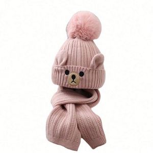 K2038 Fashion Kids Winter Hat & <b>Scarf</b> Set Baby Girls' Warm Beanie Hats Ring <b>Scarf</b> Pompoms Dobby Style 50-52cm Head Circumference - Product Image 4