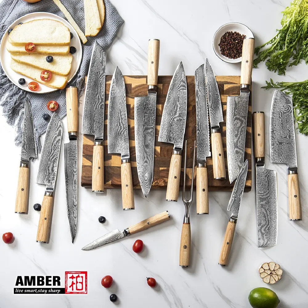 Amber Custom S35VN Powder Steel Damascus Steel Knife Chef Knife Damascus Professional Kitchen Knife Damascus Set