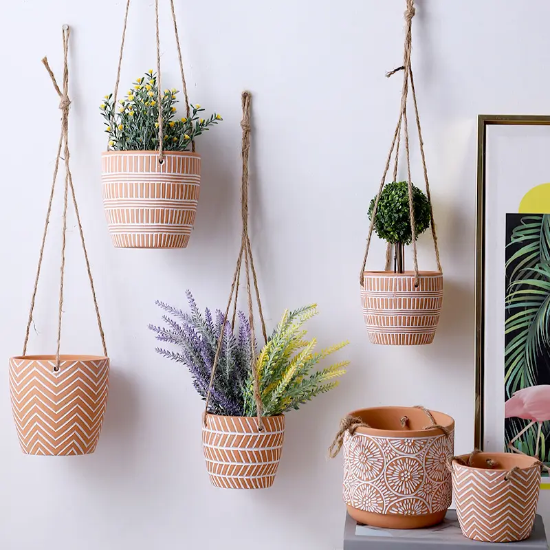 Keramische Wand Opknoping Plantenbakken Potten Met Jute Touw Voor Vetplanten Cactus Kruiden Kleine Planten Home Decor Gift