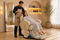 Fauteuil de Barbier Blanc Crème Inclinable Hydraulique avec Accoudoirs Arrondis Souples, Mobilier de Salon Pivotant, Lit de Coiffure et de Beauté