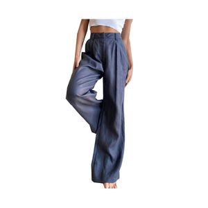 Wholesale <b>Linen</b> Pleated <b>Trousers</b> Pants <b>Wide</b> <b>Leg</b> Summer ODM Low MOQ - Product Image 4
