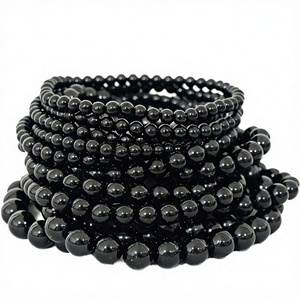 Bracelet en tourmaline noire polie, thème amour, pour hommes, garçons, réglable, perles de cristal naturel, élastique, pierre de protection, cadeau pour enfants et adolescents - Product Image 1