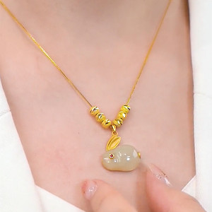 Titanium Steel Jade Rabbit Necklace Women Animal Zodiac Clavicle Chain Gift Fashion Pendant Necklaces - Product Image 2