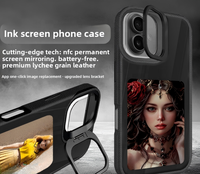 Coque de téléphone portable DIY 2-en-1 avec écran E-Ink NFC pour la mise en miroir d'écran, support anneau et texture cuir, protection antichute en TPU