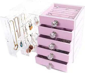 Large 4 or 5 Removable Velvet Drawers Jewelry Earring Rings Bracelets Organizer Acrylic Necklace Hanging Display Case