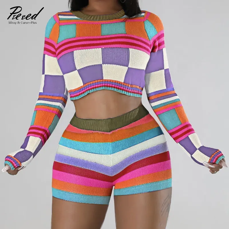 Winter 2022 women s clothing custom shorts sets knit long sleeve crop tops and shorts sets for women