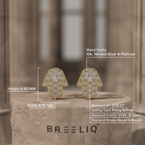 Boucles d'oreilles clous en or 14 carats avec main de Hamsa et diamants, sertissage pavé élégant, diamant taille rond, talisman protecteur, bijoux fins - Product Image 6