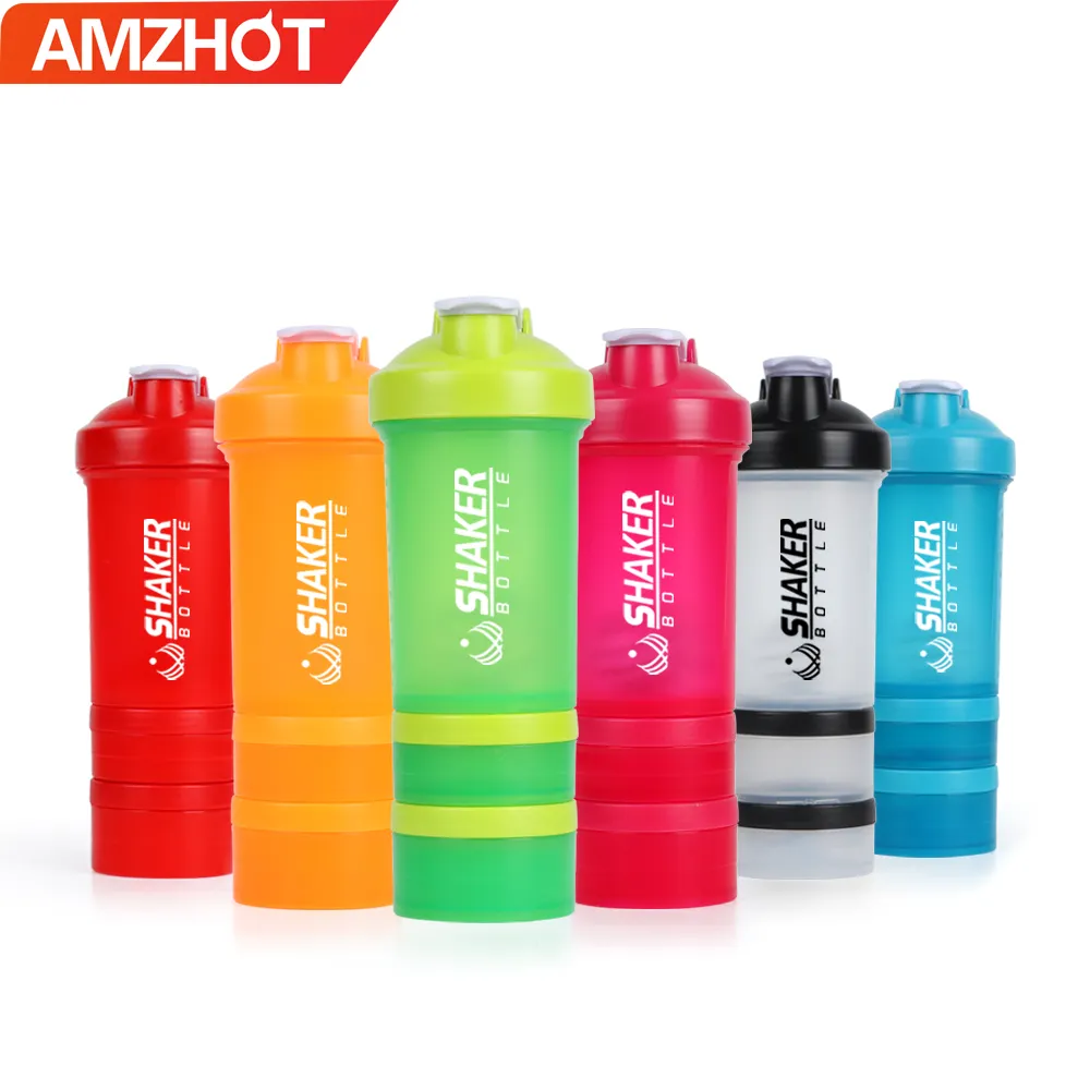 B30-0067 Custom Logo 450ml Plastik wasser flasche 3 Schichten Gym Protein Shaker Flasche mit Pille Aufbewahrung sbox für Protein pulver