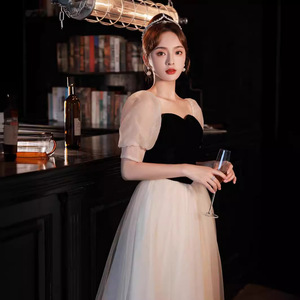 Art Exam Dress 2025 Autumn Champagne Color Patchwork Puff Sleeve Long Sister Dress Annual Meeting Performance Dress - Product Image 4