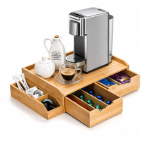 Organisateur de capsules de café en bambou naturel à double niveau avec 2 tiroirs coulissants et 1 boîte latérale pour le rangement des sachets de thé sur comptoir