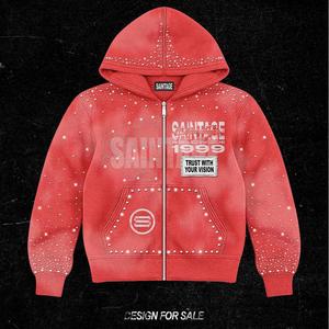 Custom Apparel Manufacturer 100% Cotton Cut & Embroidered Hot-fix Rhinestone Graphic Print Square-<b>zip</b> <b>Hooded</b> Sweatshirt - Product Image 3