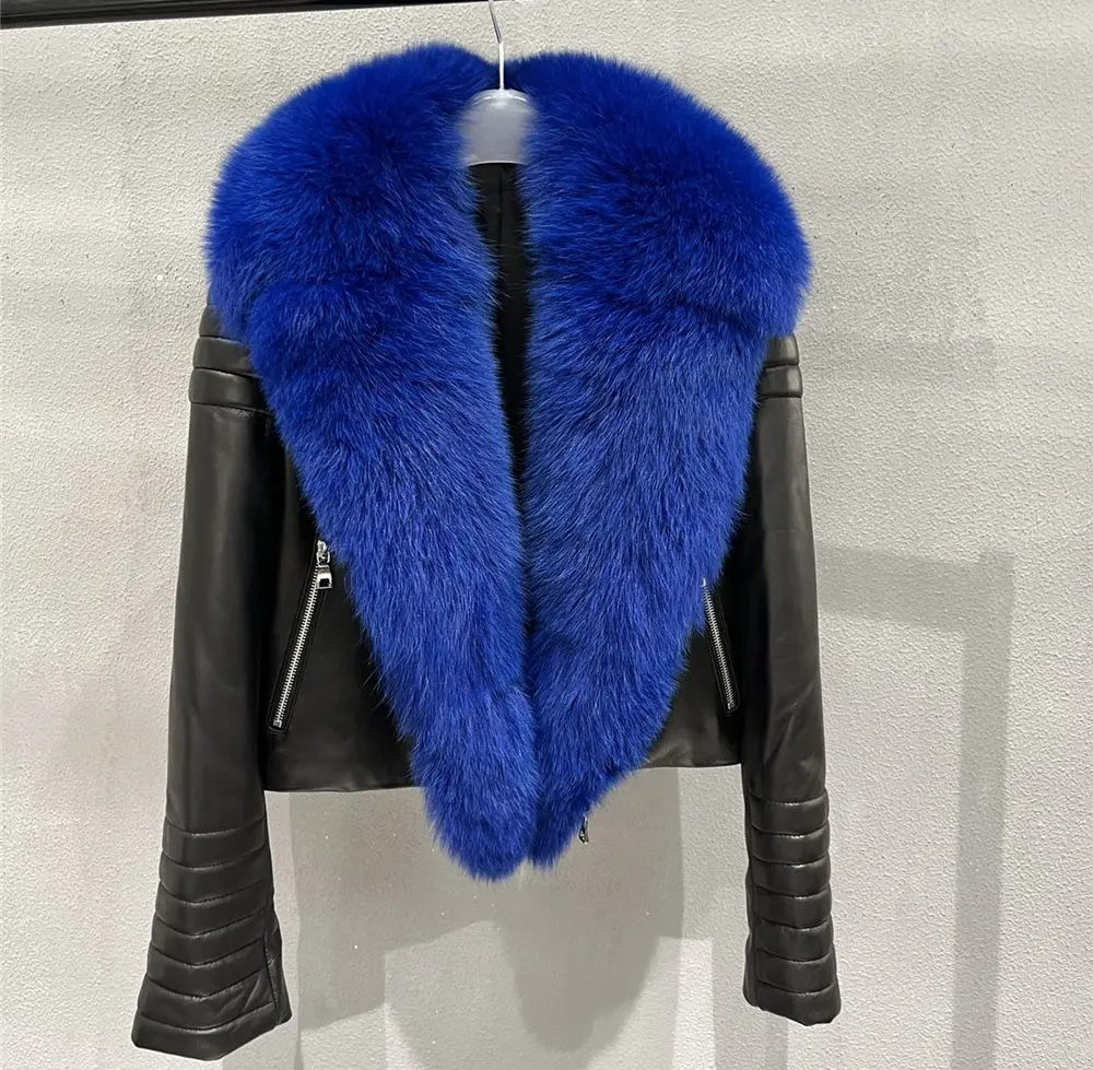 Mantel Mewah Kerah Lebar Bangsawan Wanita Kulit Domba Jaket Pakaian Produsen Besar Bulu Rubah Berbulu Kerah Pakaian Luar Musim Dingin