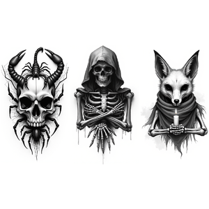 Tatuajes Temporales Realistas <span class=keywords><strong>de</strong></span> Calaveras, Manos en Oración, Lobo, Búho, Grim Reaper, Escorpión y Rosa en Negro y Gris para Adultos - Product Image 2