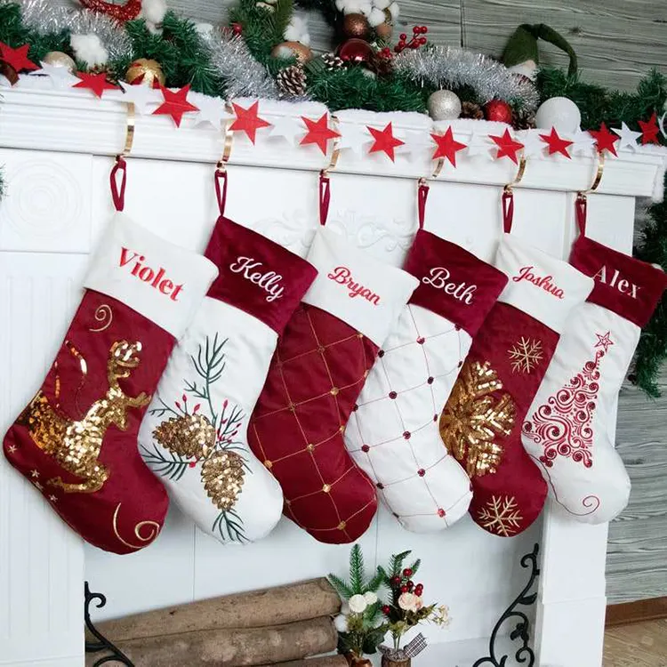 New Fashion 2022 Embroidery Sequin Velvet Christmas Stocking Personalized Red White Custom Logo Name Santa Filling Stocking Bag