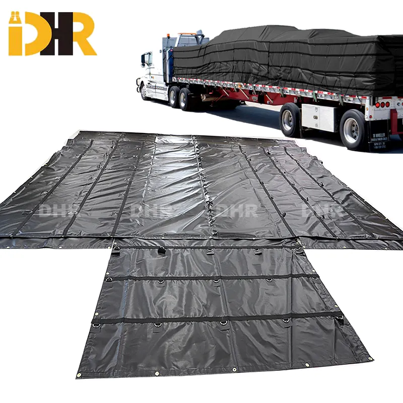 Factory Custom Heavy Duty Flatbed Truck Lumber Tarp Set 16' x 18' with 4 Ft Drop, 4' x 8' Tail, and 8" Rain Flaps
