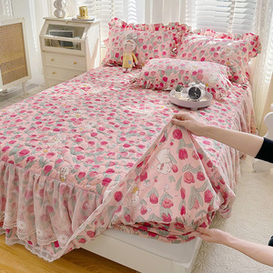 Jupe de <span class=keywords><strong>lit</strong></span> 100 % coton à imprimé floral, style princesse, avec dentelle, ensemble trois pièces pour filles, épaissi, <span class=keywords><strong>matelassé</strong></span>, antidérapant, style ajusté - Product Image 2