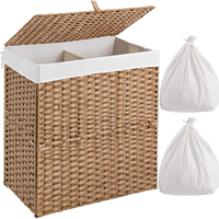 Panier à linge pliable pour chambre à coucher, double compartiment, avec couvercle, doublure en faux rotin tissé, amovible.