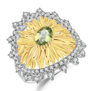 Wholesale Fine Ring Jewelry Natural Peridot Gemstone Sunflower Rings 925 Sterling Silver Fashion women Ring for girl