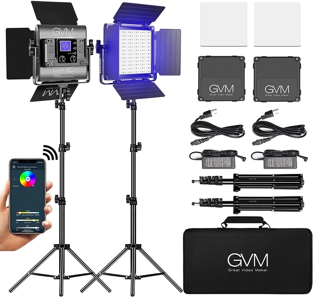 2 Packs GVM 800D RGB LED Photography Lighting 3200K-5600K 8 Kinds Scene Video Lighting Kit With APP Control for YouTube Studio