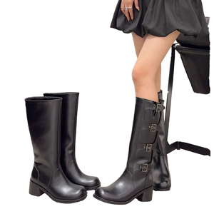 2023 automne hiver noir chevalier bottes pour femmes nouveau baril haut sous le genou mince boucle de ceinture PU semelle intérieure ronde chaussures de sécurité - Product Image 1