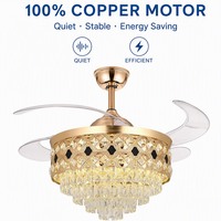 Ventilateur de plafond moderne avec lustre en cristal, 4 pales, 42 pouces, pliable, LED, moteur DC, économie d'énergie, télécommande, lampe ventilateur pour villa