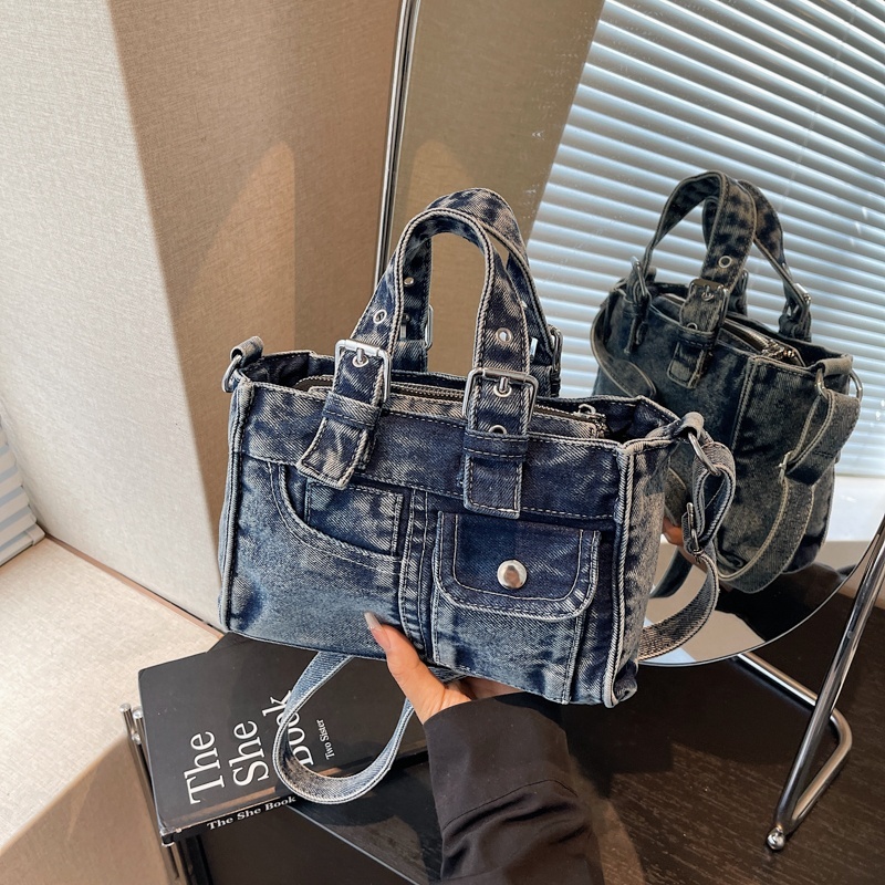 Women's Denim Crossbody Bag / Shoulder Tote - Canvas Handbag With Multiple Pockets (Dark/Light Blue)