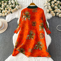 Robes Rétro Élégantes pour Femme – Robe Longue Plissée Imprimée Extensible à Manches Longues, Style Jeune et Tendance, Jupe Cardigan