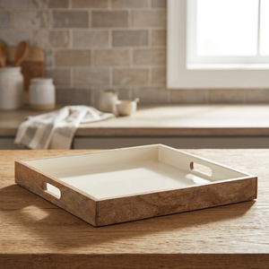 Plateau de service carré en bois avec intérieur crème et poignées pour usage résidentiel - Product Image 4