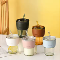 Tasse en verre créative avec couvercle et paille pour fête réutilisable bureau ronde 14oz tasse à café