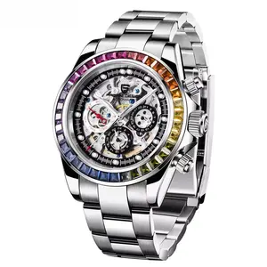 Custom Logo skeleton movement MIYOTA stainless steel diamond Bezel Relogio Masculino men's automatic mechanical watch