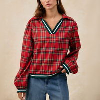 Sweat-shirt à carreaux rouges pour femme, vert, à volants, col en V, manches ballon, style preppy, décontracté, pour Noël