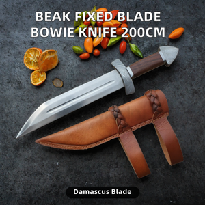 Couteau à lame fixe en acier Damas, pointe tombante, bord droit, manche en bois, style Bowie pour le camping en extérieur, avec étui - Product Image 2