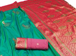 Soft Texture Green Silk <b>Saree</b> With Peacock Embroidery <b>Red</b> Border with Blouse Material For Wedding And Festival Wear - Product Image 2