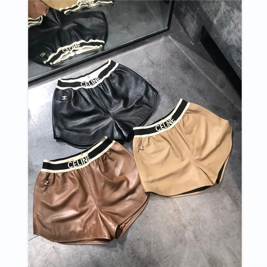 Y2K High Fashion Design Letter High Waist Ribbon Triangle Drawstring Women Black Pu Leather Shorts