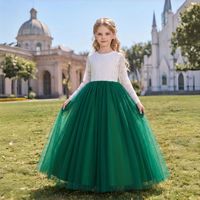 Robe de cérémonie pour filles, manches longues, dos nu en dentelle, verte, en tulle évasé, style princesse, pour fête, demoiselle d'honneur ou spectacle