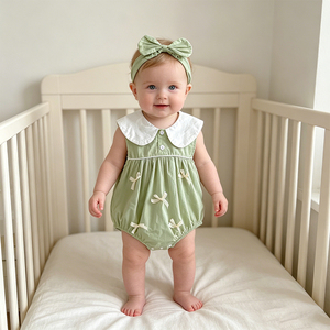 Mono de verano 2026 para bebé niña, diseño de princesa, de algodón fino, con lazo verde y cuello fresco, incluye diadema. - Product Image 2